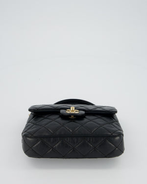 Chanel Black Crumpled Calfskin Top Handle Flap Bag with Champagne Gold Hardware