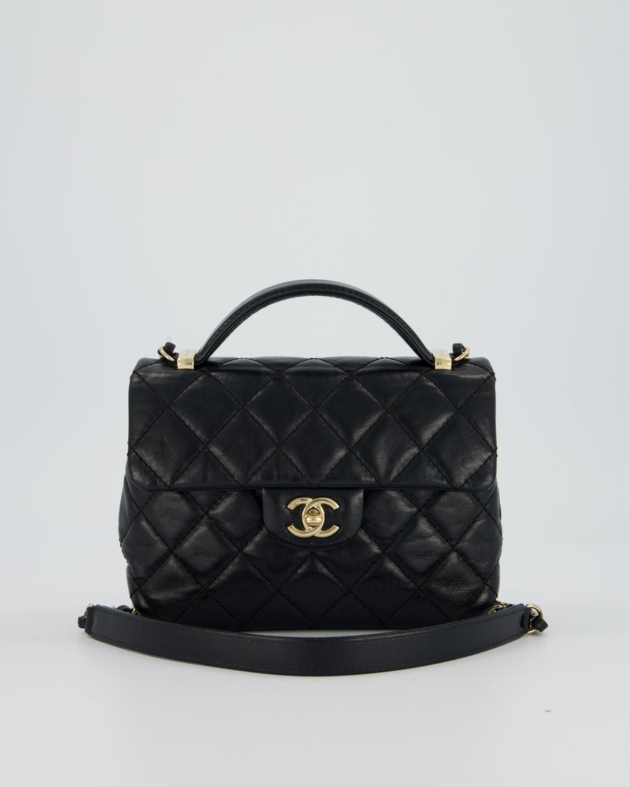 Chanel Black Crumpled Calfskin Top Handle Flap Bag with Champagne Gold Hardware