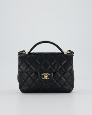 Chanel Black Crumpled Calfskin Top Handle Flap Bag with Champagne Gold Hardware