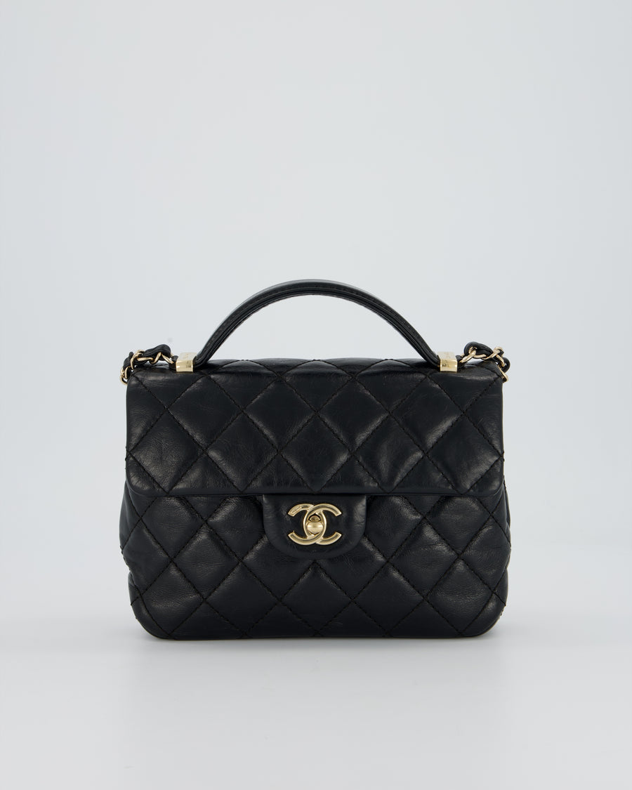 Chanel Black Crumpled Calfskin Top Handle Flap Bag with Champagne Gold Hardware