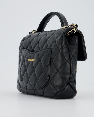 Chanel Black Crumpled Calfskin Top Handle Flap Bag with Champagne Gold Hardware