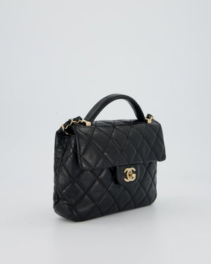 Chanel Black Crumpled Calfskin Top Handle Flap Bag with Champagne Gold Hardware