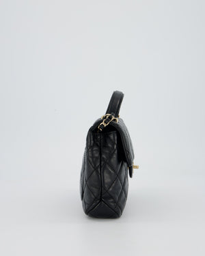 Chanel Black Crumpled Calfskin Top Handle Flap Bag with Champagne Gold Hardware
