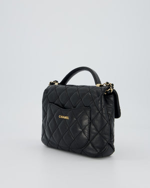 Chanel Black Crumpled Calfskin Top Handle Flap Bag with Champagne Gold Hardware