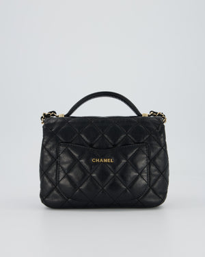 Chanel Black Crumpled Calfskin Top Handle Flap Bag with Champagne Gold Hardware