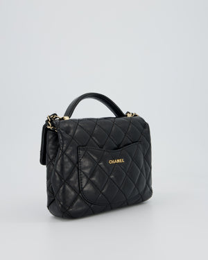Chanel Black Crumpled Calfskin Top Handle Flap Bag with Champagne Gold Hardware