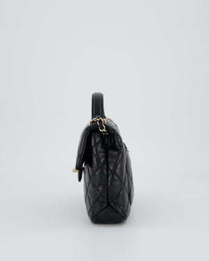Chanel Black Crumpled Calfskin Top Handle Flap Bag with Champagne Gold Hardware