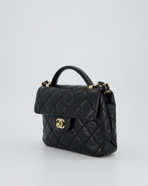 Chanel Black Crumpled Calfskin Top Handle Flap Bag with Champagne Gold Hardware