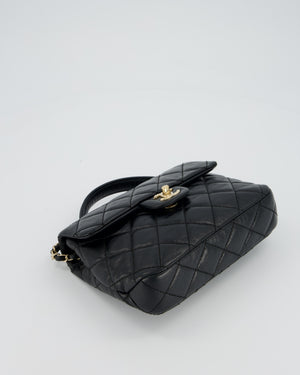 Chanel Black Crumpled Calfskin Top Handle Flap Bag with Champagne Gold Hardware