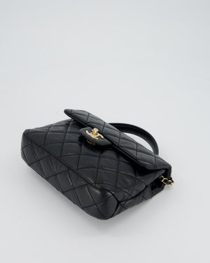 Chanel Black Crumpled Calfskin Top Handle Flap Bag with Champagne Gold Hardware