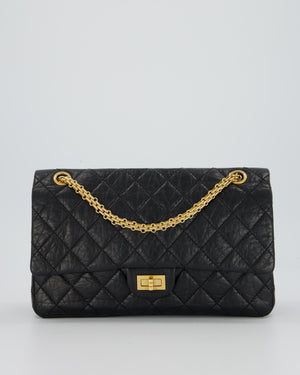 Chanel Black Crumpled Calfskin Reissue 2.55 Quilted Medium Double Flap Bag with Gold Hardware