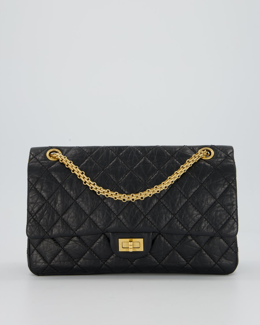 Chanel Black Crumpled Calfskin Reissue 2.55 Quilted Medium Double Flap Bag with Gold Hardware