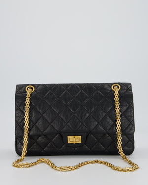 Chanel Black Crumpled Calfskin Reissue 2.55 Quilted Medium Double Flap Bag with Gold Hardware
