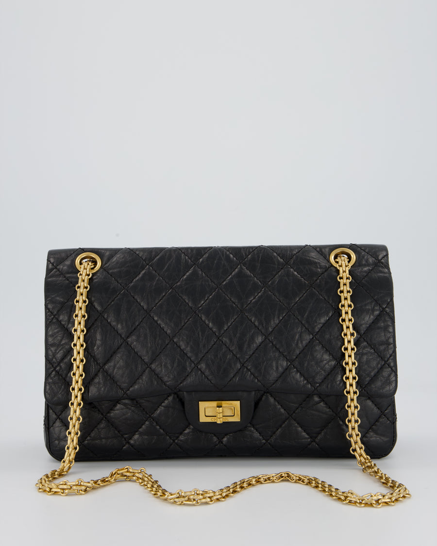 Chanel Black Crumpled Calfskin Reissue 2.55 Quilted Medium Double Flap Bag with Gold Hardware