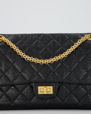 Chanel Black Crumpled Calfskin Reissue 2.55 Quilted Medium Double Flap Bag with Gold Hardware
