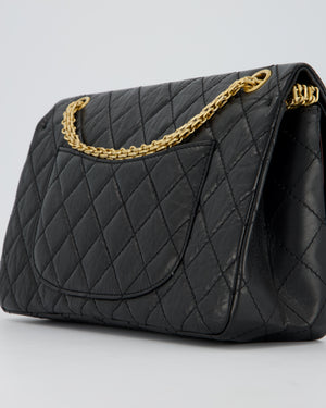Chanel Black Crumpled Calfskin Reissue 2.55 Quilted Medium Double Flap Bag with Gold Hardware