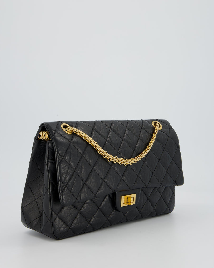 Chanel Black Crumpled Calfskin Reissue 2.55 Quilted Medium Double Flap Bag with Gold Hardware