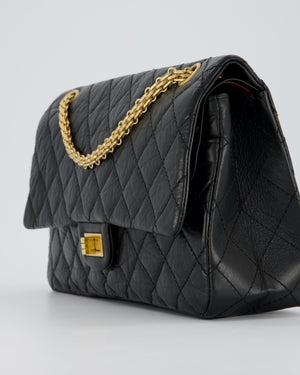 Chanel Black Crumpled Calfskin Reissue 2.55 Quilted Medium Double Flap Bag with Gold Hardware