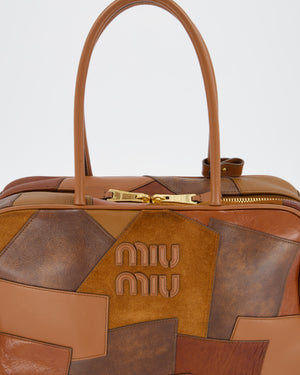 Miu Miu Cognac Brown Patchwork Beau Bag in Lambskin Leather with Mixed Material Patchwork Design and Leather Logo Lettering