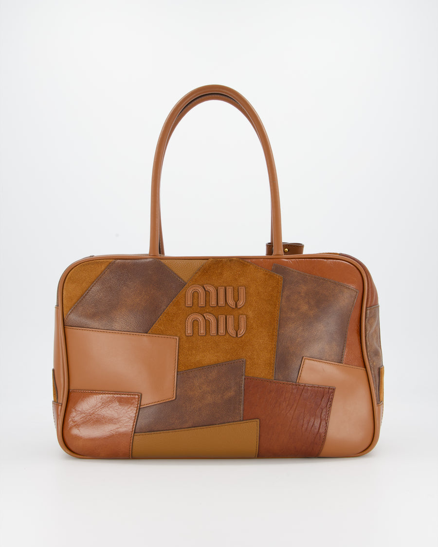 Miu Miu Cognac Brown Patchwork Beau Bag in Lambskin Leather with Mixed Material Patchwork Design and Leather Logo Lettering