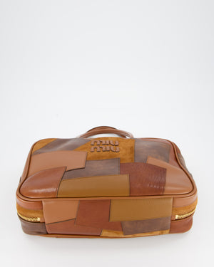Miu Miu Cognac Brown Patchwork Beau Bag in Lambskin Leather with Mixed Material Patchwork Design and Leather Logo Lettering