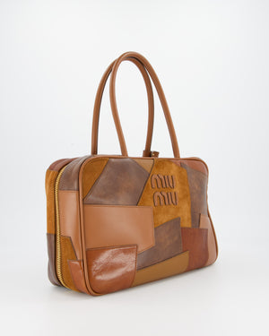 Miu Miu Cognac Brown Patchwork Beau Bag in Lambskin Leather with Mixed Material Patchwork Design and Leather Logo Lettering