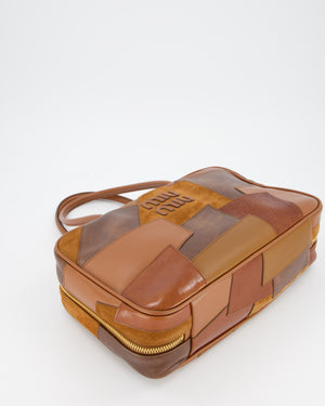 Miu Miu Cognac Brown Patchwork Beau Bag in Lambskin Leather with Mixed Material Patchwork Design and Leather Logo Lettering