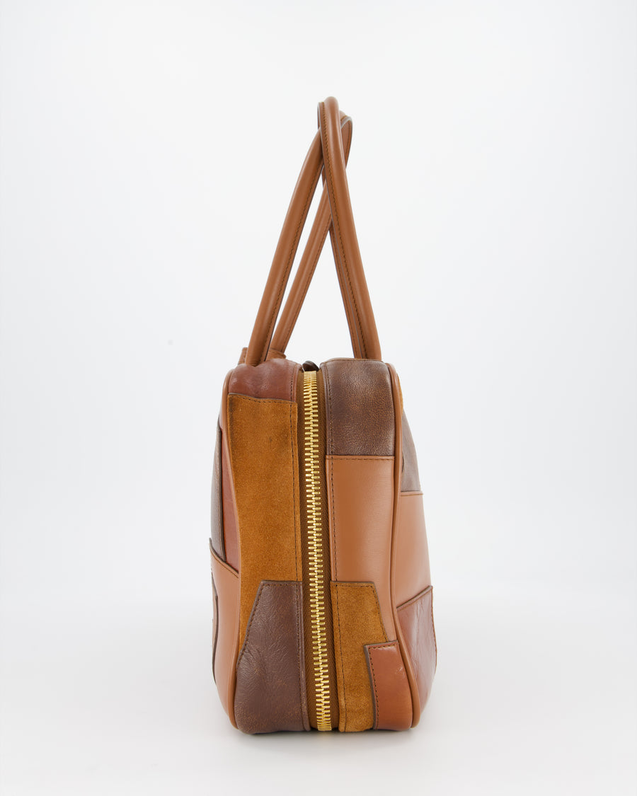 Miu Miu Cognac Brown Patchwork Beau Bag in Lambskin Leather with Mixed Material Patchwork Design and Leather Logo Lettering