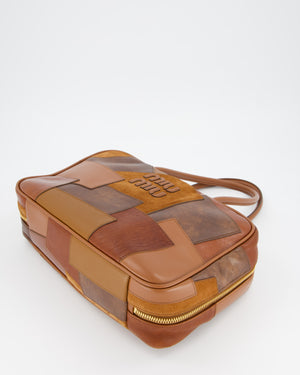 Miu Miu Cognac Brown Patchwork Beau Bag in Lambskin Leather with Mixed Material Patchwork Design and Leather Logo Lettering