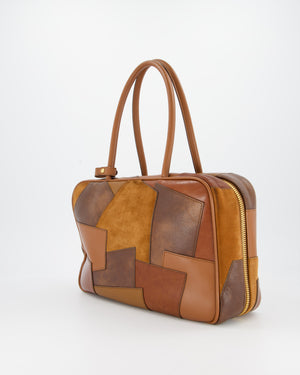 Miu Miu Cognac Brown Patchwork Beau Bag in Lambskin Leather with Mixed Material Patchwork Design and Leather Logo Lettering