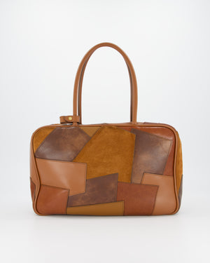 Miu Miu Cognac Brown Patchwork Beau Bag in Lambskin Leather with Mixed Material Patchwork Design and Leather Logo Lettering
