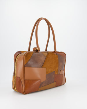 Miu Miu Cognac Brown Patchwork Beau Bag in Lambskin Leather with Mixed Material Patchwork Design and Leather Logo Lettering