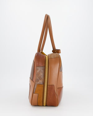 Miu Miu Cognac Brown Patchwork Beau Bag in Lambskin Leather with Mixed Material Patchwork Design and Leather Logo Lettering