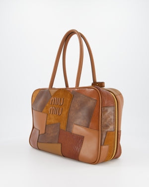 Miu Miu Cognac Brown Patchwork Beau Bag in Lambskin Leather with Mixed Material Patchwork Design and Leather Logo Lettering