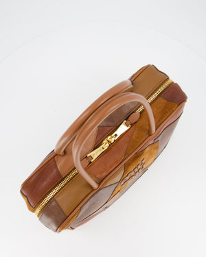 Miu Miu Cognac Brown Patchwork Beau Bag in Lambskin Leather with Mixed Material Patchwork Design and Leather Logo Lettering