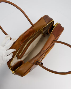 Miu Miu Cognac Brown Patchwork Beau Bag in Lambskin Leather with Mixed Material Patchwork Design and Leather Logo Lettering