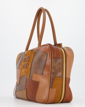 Miu Miu Cognac Brown Patchwork Beau Bag in Lambskin Leather with Mixed Material Patchwork Design and Leather Logo Lettering