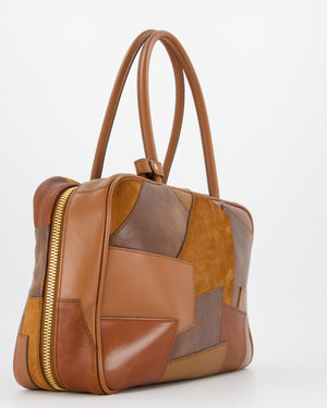 Miu Miu Cognac Brown Patchwork Beau Bag in Lambskin Leather with Mixed Material Patchwork Design and Leather Logo Lettering