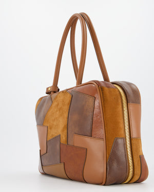Miu Miu Cognac Brown Patchwork Beau Bag in Lambskin Leather with Mixed Material Patchwork Design and Leather Logo Lettering