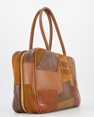 Miu Miu Cognac Brown Patchwork Beau Bag in Lambskin Leather with Mixed Material Patchwork Design and Leather Logo Lettering