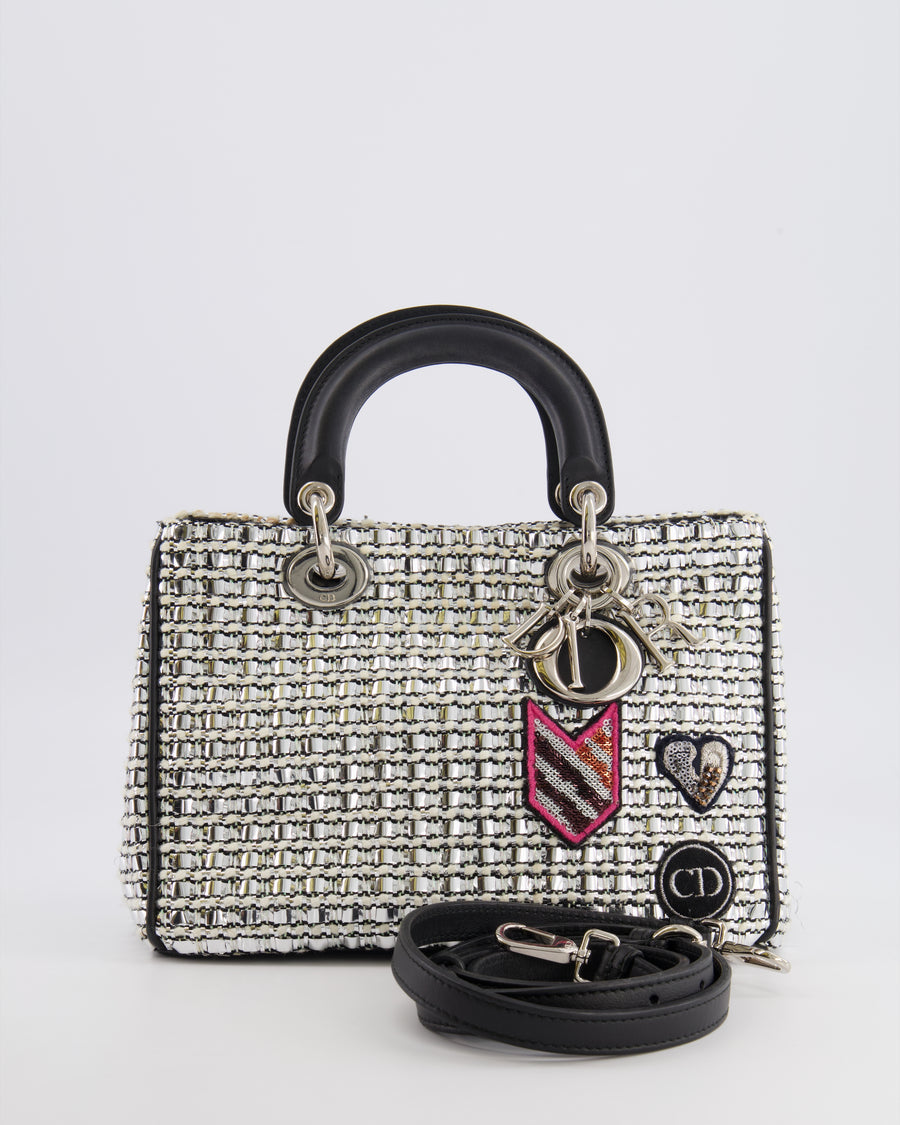 Christian Dior Metallic Silver Tweed Diorissimo Top Handle Bag with Silver Hardware and Patch Embroidery