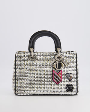 Christian Dior Metallic Silver Tweed Diorissimo Top Handle Bag with Silver Hardware and Patch Embroidery