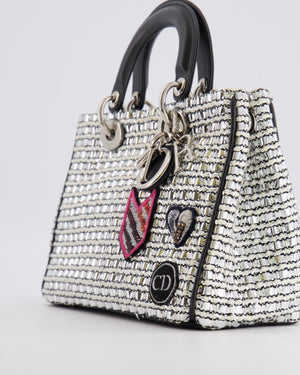 Christian Dior Metallic Silver Tweed Diorissimo Top Handle Bag with Silver Hardware and Patch Embroidery