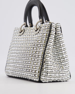 Christian Dior Metallic Silver Tweed Diorissimo Top Handle Bag with Silver Hardware and Patch Embroidery