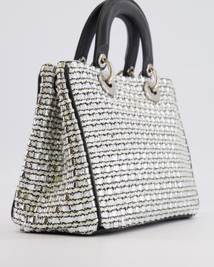 Christian Dior Metallic Silver Tweed Diorissimo Top Handle Bag with Silver Hardware and Patch Embroidery
