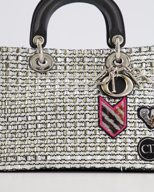 Christian Dior Metallic Silver Tweed Diorissimo Top Handle Bag with Silver Hardware and Patch Embroidery