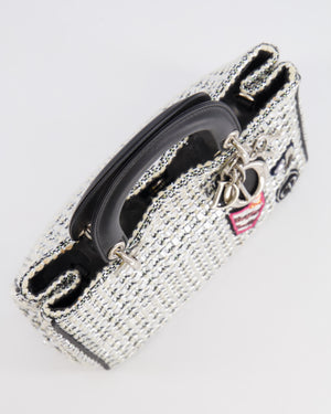 Christian Dior Metallic Silver Tweed Diorissimo Top Handle Bag with Silver Hardware and Patch Embroidery