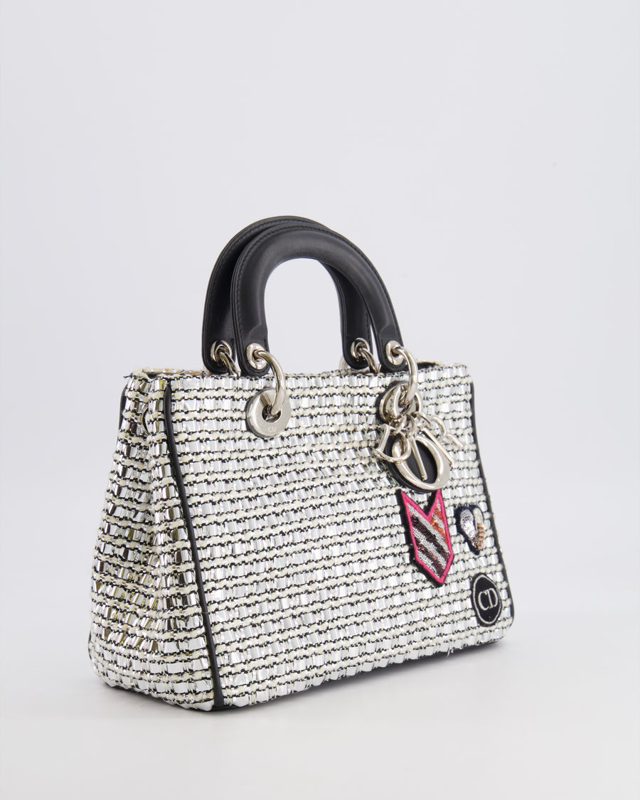 Christian Dior Metallic Silver Tweed Diorissimo Top Handle Bag with Silver Hardware and Patch Embroidery
