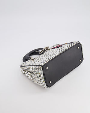 Christian Dior Metallic Silver Tweed Diorissimo Top Handle Bag with Silver Hardware and Patch Embroidery