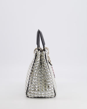 Christian Dior Metallic Silver Tweed Diorissimo Top Handle Bag with Silver Hardware and Patch Embroidery